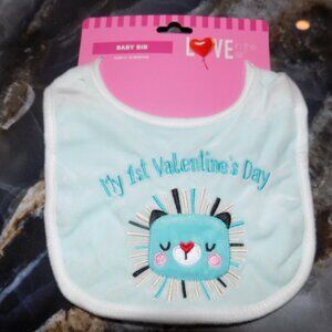 My 1st Valentine's Day Baby Lion Blue Bib Ages 0-12 Months NEW
